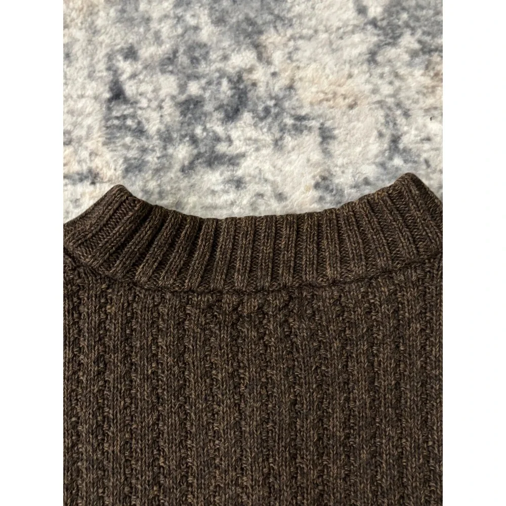 Vtg Eddie Bauer Fisherman Henley Sweater‎ Mens L Brown Chunky Cable Knit Cotton